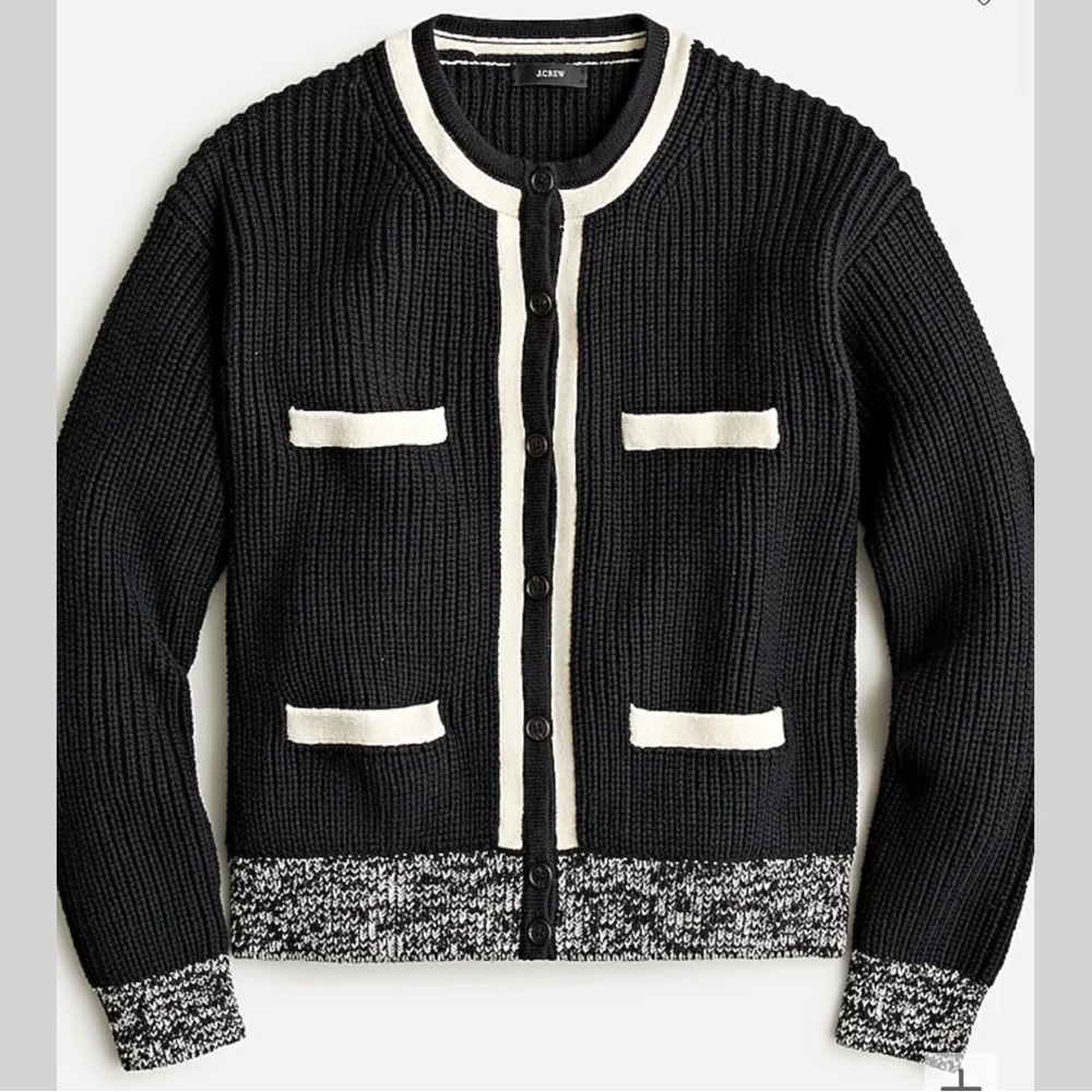 J Crew Tipped Front-pocket cotton cardigan sweater in Black and Ivory